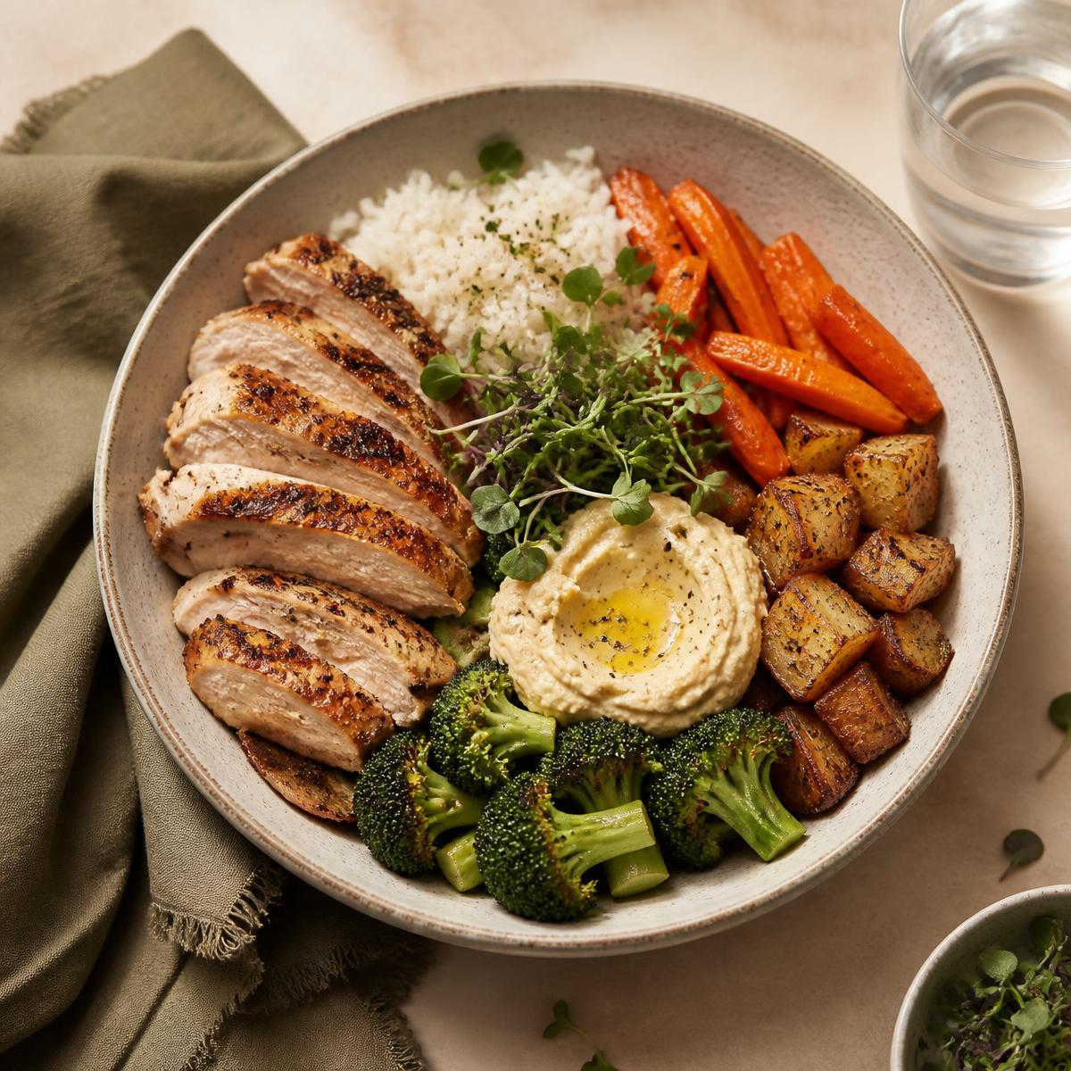 Bowl de comida real NÜSK con pollo, arroz, vegetales asados y hummus